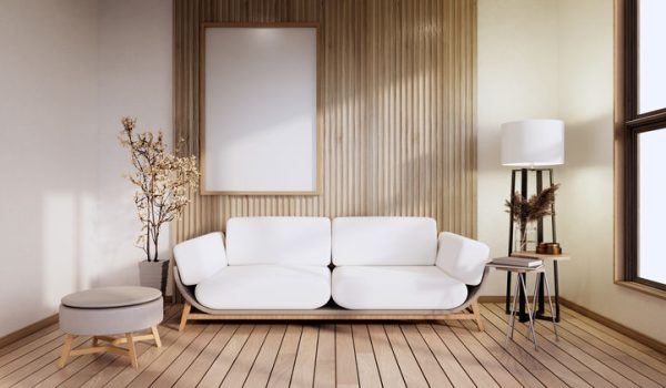 Minimalist interior , Sofa furniture and plants, modern room design.3D rendering